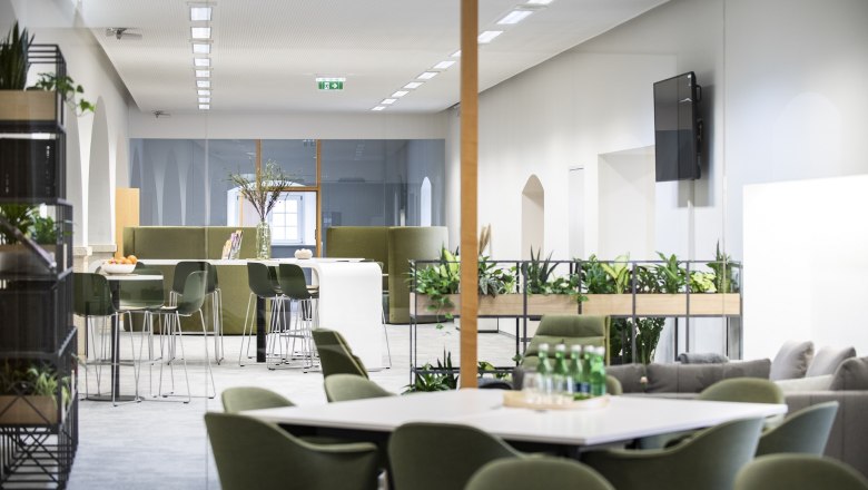 Stift Klosterneuburg, Quarter 1114, © Rupert Mühlbacher Modern office with green chairs, plants and tables.
