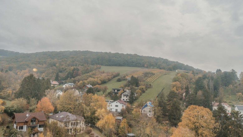 View of an autumnal landscape with hills, houses and trees.